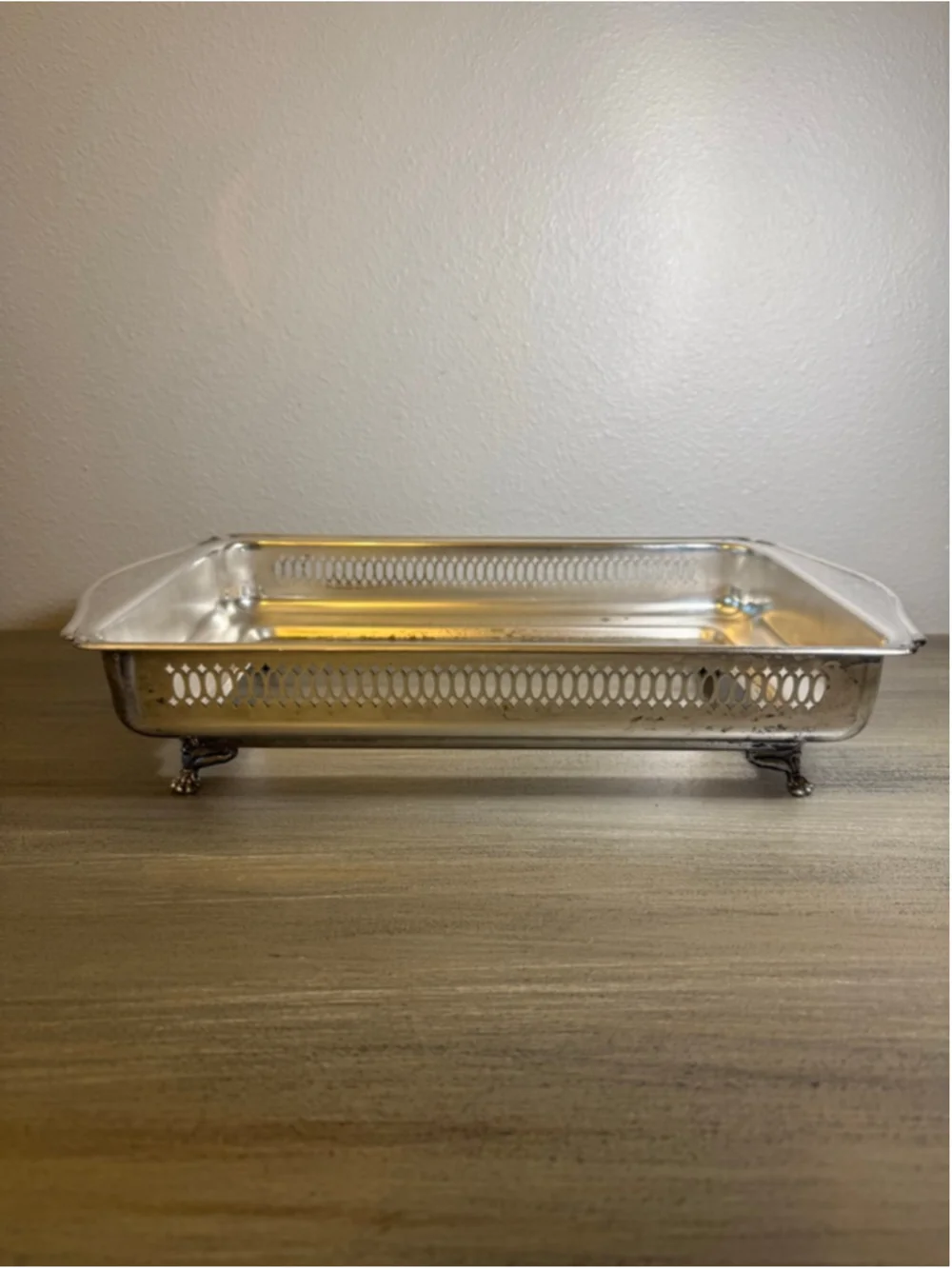 Vintage Silverplate Casserole Holder Tray Pierced Gallery Footed Fits Pyrex Dish